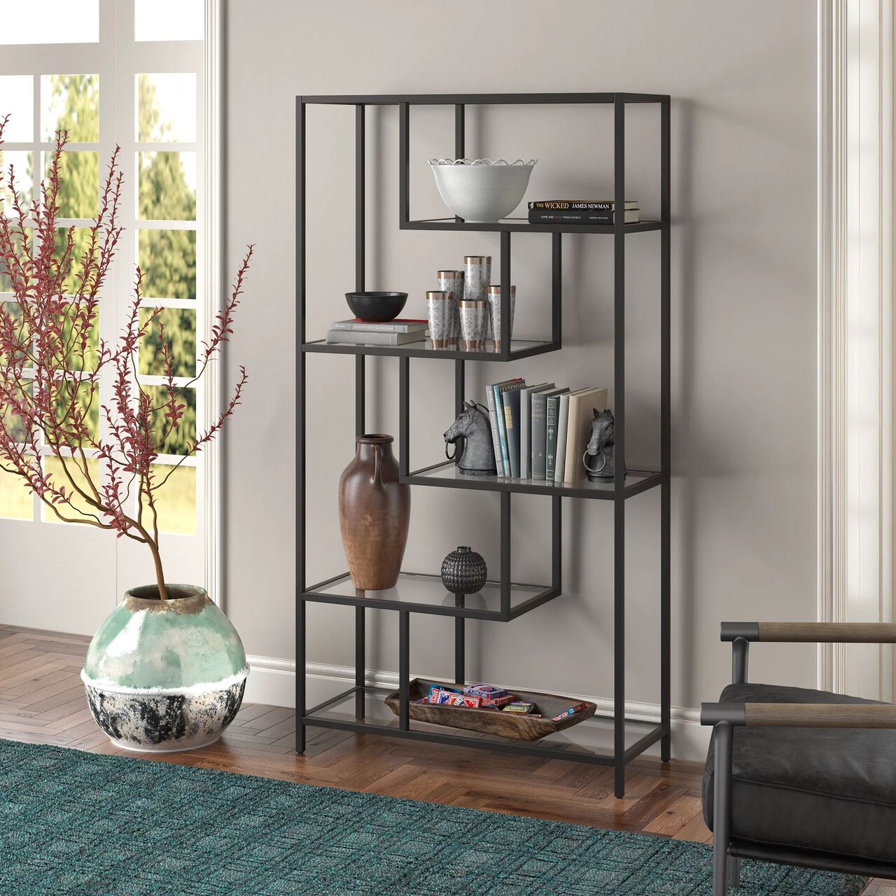 Corp biblioteca, Hanah Home, By-30, 90x172x30 cm, Negru / Transparent - imagine 4